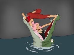 barefoot black_hair captain_hook comeuppance damsel_in_distress embarrassed_underwear_female feet female_prey genderswap_(mtf) green_eyes hole_in_pants hook hook_hand midriff midriff_baring_shirt mshook panties panties_visible_through_clothing peril peter_pan_(disney) pirate rule_63 tick-tock tick_tock_crocodile torn_pants torn_shirt upside-down villainess vore vore_peril water white_panties