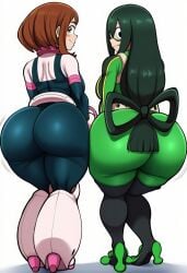 2girl 2girls ai_generated ass_chart ass_comparison back_view big_ass big_butt boku_no_hero_academia brasil_louco bubble_ass bubble_butt female female_only full_body fully_clothed looking_back my_hero_academia ochako_uraraka ochako_uraraka_(hero_outfit) seductive seductive_look seductive_smile simple_background solo_focus tagme take_your_pick tsuyu_asui white_background