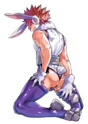 1boy abs animal_ears ass back bad_id bad_twitter_id boku_no_hero_academia cosplay crescent_print crossdressing crossdressing_(mtf) eijirou_kirishima full_body fur_collar gloves hand_on_own_thigh highres kirishima_eijiro kneeling leotard light-skinned_male looking_at_viewer looking_back male male_focus male_only mirko_(cosplay) miruko_(cosplay) muscular muscular_male my_hero_academia purple_thighhighs rabbit_ears rabbit_tail red_eyes red_hair sato_unta sharp_teeth short_hair simple_background sleeveless sleeveless_turtleneck smile solo spiked_hair superhero_costume tail taut_leotard teeth thick_thighs thighhighs thighs turtleneck turtleneck_leotard veins veiny_arms white_background white_gloves white_leotard