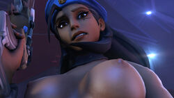 1girls 3d ana_amari areola beret black_hair blizzard_entertainment captain_amari dark-skinned_female dark_skin female female_only gun imflain large_breasts medium_breasts nipples overwatch solo source_filmmaker