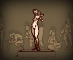 2026 2d animated being_watched crowd exhibitionism felix_sputnik female_focus highres naked naked_female nude turnaround