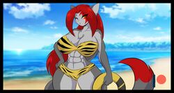 1girls anthro beach big_breasts bikini civet eliza_(mastergodai) feline female fur furry grey_fur long_hair looking_at_viewer mastergodai muscular muscular_female rascals red_hair solo striped_bikini two_tone_fur