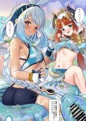 2girls aqua_eyes ass bar_censor bare_shoulders blue_nails blush braid breasts censored closed_mouth commentary_request crop_top fake_horns fingerless_gloves genshin_impact gloves gold_trim highres horns hydro_slime_(genshin_impact) long_hair looking_at_viewer medium_breasts mualani_(genshin_impact) multicolored_nails multiple_girls nail_polish navel nilou_(genshin_impact) open_mouth outdoors paid_reward_available red_eyes red_hair sitting slime_(genshin_impact) spread_legs stomach symbol-shaped_pupils tsuseki vaginal_penetration veil very_long_hair wariza white_hair white_veil yellow_nails