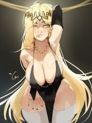1girls arm_behind_back arm_behind_head arm_strap armpits big_breasts biting_lip black_dress black_nail_polish black_nails blonde_hair breasts cleavage cursedequinox dress elden_ring female female_only hair headwear hips huge_breasts legwear lips long_hair mature mature_female milf mother nail_polish nails necklace neckwear pelvic_curtain pose posing queen_marika_the_eternal skimpy skimpy_dress solo solo_female thick_thighs thighs white_thighhighs wide_hips yellow_eyes