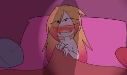 1boy 1boy1girl 1girl1boy 1girls bed bite biting_lip black_eyes blurry_(oc) blush breasts chloe_smith_(oc) covering_breasts erection female female_focus female_only heart heart-shaped_pupils heart_eyes heart_symbol imminent_anal imminent_fellatio imminent_oral imminent_penetration imminent_sex imminent_vaginal lips long_hair oc orange_hair original_character pillow room sheets