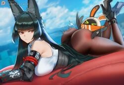 1other ai_generated animal_ears ass black_hair breast_press codemistake eous_(zenless_zone_zero) expressionless female high_heel_boots hoshimi_miyabi looking_back panties_under_pantyhose pantyhose patreon patreon_link patreon_logo patreon_url patreon_username red_eyes skirt_lift spanking zenless_zone_zero