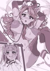 2girls animal_ears armpits arms_above_head arrow barely_clothed barely_clothed_female barely_contained_breasts big_breasts bikini blush bow bow_in_hair bra breasts censored clothed clothed_female d4dj dyna_(artist) female gloves grabbing grabbing_legs handcuffs japanese_text kasuga_haruna legs_apart legs_spread long_hair on_back on_bed panties shiratori_kurumi stockings sweat sweatdrop sweating text thighs tie yuri