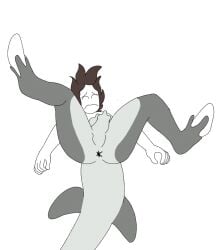 anthro anus black_bottomwear black_clothing black_pants bottomwear brown_hair changed_(video_game) clothing duo female fish forced forced_transformation gender_transformation genitals goo_transformation grey_body hair heart_symbol human latex latex_transformation lin_(changed) male male/female mammal marine mtf_transformation nude pants penis_to_vagina_tf shark sinful_drawz the_shark_(changed) tiger_shark_(changed) transformation white_body