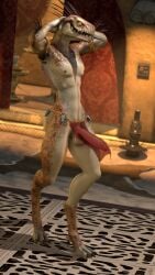 3_toes 3d_(artwork) absurd_res alien anthro arm_quills balls bottomwear claws clothed clothing digital_media_(artwork) digitigrade feet genitals halo_(series) hands_behind_head hi_res humanoid_genitalia humanoid_penis ibie'shan kig-yar loincloth loincloth_only looking_at_viewer maaarked_one male microsoft nipples non-mammal_nipples penis quill_hair scalie smile solo source_filmmaker_(artwork) standing toe_claws toes topless translucent translucent_clothing xbox_game_studios yellow_eyes