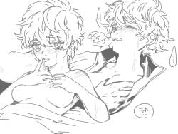 1boy 1girls blush breast_grab breasts female female_focus genderswap_(mtf) ginko_sakata gintama gintoki_sakata medium_breasts rule_63 short_hair solo_focus tongue_out upper_body very_short_hair