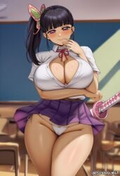ai_generated arikea big_ass big_breasts black_hair blush classroom cleavage demon_slayer hair_ornament indoors long_hair looking_at_viewer panties purple_eyes school_uniform smile smiling standing thick_thighs tied_hair tsuyuri_kanao