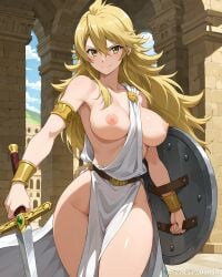 1girls ai_generated akame_ga_kill! anzatiridonia blonde_hair breasts greece greek_clothes greek_female leone_(akame_ga_kill!) long_hair nipples shield sword yellow_eyes