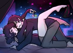 1boy 1girls 2d andrew_graves arms_around_neck arms_around_partner ashley_graves bed black_hair blush brother_and_sister clothed dangling_shoe feet feet_up female foreplay green_eyes holothes hug imminent_sex incest interrupted looking_at_viewer lying_on_back lying_on_bed male pink_eyes ponytail siblings straight the_coffin_of_andy_and_leyley