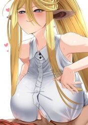 1boy absurdres animal_ears bare_shoulders blonde_hair blush censored censored_penis centaur centorea_shianus clothed_paizuri collared_shirt commentary_request female heart heart-shaped_pupils highres horse_ears imaani monster_girl monster_musume_no_iru_nichijou mosaic_censoring nipples no_bra paizuri paizuri_under_clothes perpendicular_paizuri ponytail shirt simple_background smile straight symbol-shaped_pupils taur white_background white_shirt