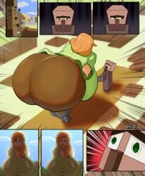1boy1girl alex_(minecraft) ass_focus bald_male big_ass big_breasts big_butt big_nose big_thighs closed_eyes_smile comic fake_face fear green_eyes kidnapping light-skinned_female light_skin minecraft orange_hair smaller_male smile taller_female textless textless_version villager_(minecraft) white_skin white_skinned_female wide_hips younger_male