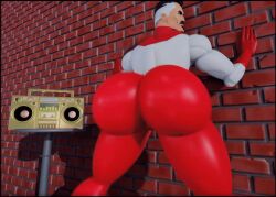 animated ass ass_clapping ass_focus big_ass big_booty big_butt boombox booty brick_wall dreams gay gay_oriented gif gold_boombox_(prevence) invincible looking looking_back mgsnsfw omni-man parody tight_clothing tight_suit twerking