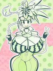 1girls 3:4 5_fingers big_breasts blaster_master blaster_master_zero blaster_master_zero_2 bodysuit bra cleavage female female_only huge_breasts kanna_(blaster_master) melon mob_face plantie smile solo solo_female unzipped_bodysuit v_sign watermelon_bra watermelon_nets