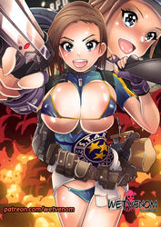 artist_name belt big_breasts bikini blue_bikini_bottom blue_eyes breasts brown_hair capcom clothing female female_only fingerless_gloves firearm gloves gun hair handgun handwear huge_breasts jill_valentine jill_valentine_(julia_voth) large_breasts looking_at_viewer nipple_bulge open_mouth pistol policewoman pose posing pussy resident_evil smile solo swimsuit tattoo thighs tongue url video_games weapon wetvenom