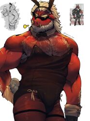 male male_only bara muscles muscular barazoku furry anthro zenless_zone_zero big_daddy_(zenless_zone_zero) sus_(pig) suina facial_hair beard tusks sunglasses white_hair red_skin solo solo_male miauarf cratty_wan bunnysuit bunny_ears body_hair flaccid bulge