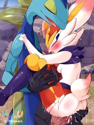 absurd_res anthro bodily_fluids breasts cinderace cum double_dick duo female feral generation_8_pokemon genital_fluids hi_res inteleon male male/female nintendo outside outside_sex pokemon pokemon_(species) prrrrrrmine sex standing standing_sex