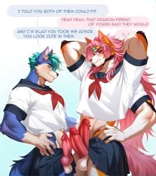 abs agrixxx anthro asian_clothing bottomwear canid canine canis clothed clothing clothing_lift crossdressing duo east_asian_clothing english_text fennec_fox fox frottage genitals hair hi_res japanese_clothing japanese_school_uniform knot knotted_penis long_hair male male/male mammal multi_arm multi_genitalia multi_limb muscular muscular_male panties pecs penile penis penises_touching raised_bottomwear raised_clothing raised_skirt school_uniform serafuku sex size_difference skirt skirt_lift text true_fox underwear uniform vance_(istricer) wolf
