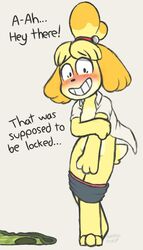 2019 animal_crossing anthro black_nose blush breasts canid canine canis caught clothed clothing covering covering_pussy covering_self dialogue domestic_dog embarrassed english_text female fur hair isabelle_(animal_crossing) mammal maypul_syrup nintendo open_mouth partially_clothed pussy_juice pussy_juice_string shih_tzu simple_background smile solo spreading text video_games yellow_fur