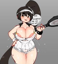 1girls areola_slip blush breasts brown_eyes brown_hair bursting_breasts crop_top dialogue english_text female huge_breasts jellot lactation lactation_without_expressing last_origin long_hair looking_at_viewer miniskirt nipple_bulge pale-skinned_female pale_skin ponytail puffy_pussy pussy_bulge pussy_juice revealing_clothes shiny_skin short_skirt smile string_panties sweat tennis_racket tennis_uniform thick_thighs tiequan_(last_origin) tiequan_(tennis_clothes)_(last_origin) visor_cap wristband