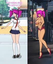 big_breasts bikini bimbofication blush breast_expansion breasts covering covering_breasts covering_crotch digital_media_(artwork) dlobo777 embarrassed embarrassed_female english_text gyaru gyaru_gal gyarufication gyarufied hard_nipples hearts_around_head kokona_haruka large_breasts miniskirt night_sky nipple_bulge nipples nipples_visible_through_clothing pink_hair pink_panties prostitute prostitute_clothes prostitution purple_eyes purple_hair purple_skirt seductive seductive_look sexy skimpy skimpy_bikini skimpy_clothes skin_color_change slutification smile tan_body tan_skin tanned tanned_female tanned_skin thong_straps upskirt yandere_simulator