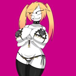 1girls belly belly_button big_breasts bite biting_lip black_choker black_eyes black_socks blurry_(oc) breasts chloe_smith_(oc) choker collar cross female female_focus female_only heart heart-shaped_pupils heart_symbol legs lips massive_breasts oc orange_hair original_character panties pussy smile smiling socks tusks vagina