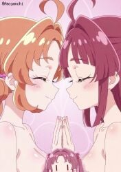 2girls aachan_(aacyanchi) ahoge akechi_anna bangs blunt_bangs blush breasts brown_hair censored closed_eyes closed_mouth closed_smile completely_nude female funny_censor kobayashi_mikuru light-skinned_female meitantei_precure! multiple_girls naked novelty_censor nude nude_female pink_background pink_hair precure pretty_cure red_hair smile star_detective_precure! toei_animation upper_body