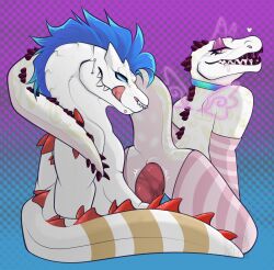 absurd_res alligator alligatorid anthro athletic blue_body blue_fur bodily_fluids caiman clothing colorful_theme crocodilian dogbytestudios duo femboy feminine from_behind_position fur hair hi_res legwear male male/male nonbinary_(lore) open_mouth pink_body reptile saliva scalie sex spikes thigh_highs tongue