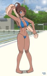 1girls asahina_aoi barefoot big_breasts blue_eyes brown_hair busty busty_female curvaceous curvy curvy_body curvy_female curvy_figure curvy_hips danganronpa danganronpa:_trigger_happy_havoc dark_skin dark_skinned_female dlobo777 female female_only hard_nipples hourglass_figure huge_breasts large_breasts poolside round_breasts solo towel voluptuous voluptuous_female wink winking winking_at_viewer