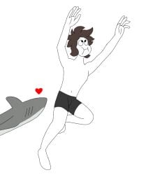 anthro black_bottomwear black_clothing black_pants bottomwear brown_hair changed_(video_game) clothing duo female fish forced forced_transformation gender_transformation genitals goo_transformation grey_body hair heart_symbol human latex latex_transformation lin_(changed) male male/female mammal marine mtf_transformation nude pants shark sinful_drawz the_shark_(changed) tiger_shark_(changed) transformation white_body