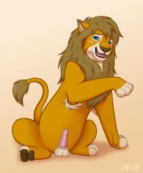 4_toes absurd_res animal_genitalia animal_penis balls blue_eyes blush demonstration digital_drawing_(artwork) digital_media_(artwork) ear_markings embarrassed embarrassed_expression embarrassed_male feet felid feline feline_genitalia feline_penis feral fur genitals hi_res lion lion_penis long_ears male mammal mane miuyki multicolored_body multicolored_fur open_mouth pantherine paws penis red_body red_fur shaded smile smiling_at_viewer solo spiked_penis spikes spikes_(anatomy) tail tail_tuft toes tuft