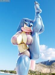 3_toes 3d_(artwork) absurd_res amphibian anthro ass beach big_breasts bikini blue_body blush bodily_fluids breasts clothed clothing digital_media_(artwork) feet female fingers flexible frog generation_6_pokemon genitals greninja hi_res leg_grab long_tongue mizuki_(okamical) navel nintendo nipples okamical open_mouth outside pokemon pokemon_(species) raised_leg seaside solo sweat swimwear thick_thighs toes tongue tongue_out translucent translucent_clothing two-piece_swimsuit vulva water wet wet_clothing yoga