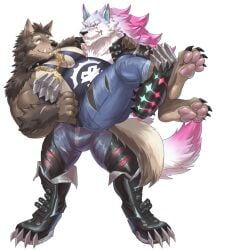 2026 alpha_channel anthro arm_tuft armor bara barazoku beard biceps black_bottomwear black_clothing black_collar blue_bottomwear blue_clothing blue_eyes blue_inner_ear blue_jeans blue_pants blue_shirt blue_tank_top blue_topwear bottomwear brown_body brown_fur brown_hair bruno_(rossciaco) canid canine canis chaps claws clothing collar denim denim_bottomwear denim_clothing digitigrade dislyte duo ear_piercing ear_ring eye_contact eye_scar facial_hair facial_scar fangs finger_claws freddy_(dislyte) fur furry gauntlets gloves grin hair handwear highlights_(coloring) jacket jeans leather leather_chaps leather_clothing leather_jacket leather_topwear lifting_partner lilith_games lip_scar looking_at_another male male/male mammal muscular muscular_anthro muscular_male mythological_canine mythological_creature mythology nipples pants pawpads pecs piercing pink_highlights ring_piercing scar shirt smile spiked_collar spikes tail tan_body tan_fur tank_top teeth toe_claws topwear tuft tusks underpaw weedwolf werecanid werecanine werecreature werewolf white_body white_fur wolf yellow_eyes