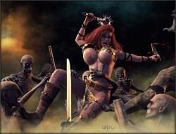 abs athletic_female battle big_breasts blood_splatter exposed_breasts grabbing_from_behind handprint_on_breast imminent_defeat metal_bikini overwhelmed red_hair red_sonja scratches warrior