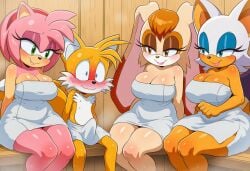 1boy ai_generated amy_rose bat blush fox furry hedgehog imminent_foursome imminent_sex novelai rabbit rouge_the_bat sauna steam tails tails_the_fox towel towel_only vanilla_the_rabbit