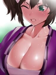 absurdres bad_id bad_pixiv_id blurry blurry_background blush breasts brown_hair chest_sarashi cleavage close-up collarbone commentary female green_eyes grimace highres inari_one_(umamusume) large_breasts one_eye_closed sarashi shiny_skin short_eyebrows short_hair solo sweat umamusume yesman_(cvbnyesman)