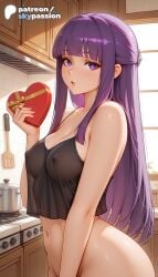1girls 2026 ai_assisted ai_generated anime artist_name bangs blunt_bangs blush box breasts bust chocolate covered_nipples explicit eyebrows_visible_through_hair fern_(sousou_no_frieren) frieren_beyond_journey's_end gift gift_box hi_res high_quality high_resolution highres indoors kitchen long_hair navel patreon patreon_username purple_eyes purple_hair skypassion solo sousou_no_frieren stable_diffusion valentine valentine's_day watermark