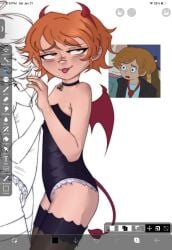 abaddon blush bodysuit brown_eyes choker clothed collar corset cosplay costume demon_girl demon_horns demon_tail demon_wings devil devil_horns devil_tail esther_freeling ginger ginger_female ginger_hair halloween_costume haunted_hotel hazel_eyes highlights highlights_(coloring) lingerie lingerie_only oiled oiled_body oiled_skin pale-skinned_female pale_skin petite petite_body petite_female shiny shiny_clothes shiny_hair shiny_skin thighhighs thighs tongue tongue_out younger_female