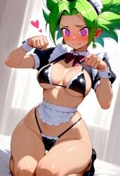 1girls ai_generated blush breasts dragon_ball dragon_ball_super embarrassed green_hair heart kefla maid_bikini paw_pose spiral_eyes thigh_clothes thong wide_hips