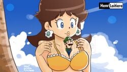 1boy accidental_pervert between_breasts bikini blue_eyes blue_sky breasts brown_hair cleavage closed_mouth cloud day earrings facial_hair female flipped_hair flower_earrings giant giantess hair_flaps hands_up hat jewelry landscape looking_down luigi mario_(series) medium_breasts mini_person miniboy moustache nintendo orange_bikini orange_biniki outdoors overalls princess princess_daisy signature size_difference sky smile standing swimsuit tomboy tree watermark