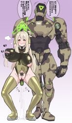 1boy 1girls alternate_breast_size alternate_breast_size_(larger) big_breasts blonde_hair blue_archive blush brainwashing breast_grab breasts corruption crotchless crotchless_leotard enemy_conversion female full_body grabbing grabbing_another's_breast grabbing_from_behind green_eyes hair_ornament halo japanese_text kitasshi leotard light-skinned_female light_skin long_hair looking_at_viewer male male/female nippleless_clothes nonomi_(blue_archive) notes_translation pubic_tattoo pussy sagging_breasts sex_toy spread_legs standing straight tagme tattoo text transforming_into_combatant translated translation_check
