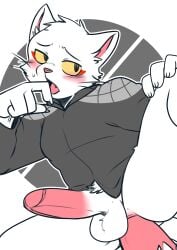 absurd_res anal anthro blush bodily_fluids breath chinese clothed clothing domestic_cat drooling enjoying felid feline felis genitals gesture half_naked hi_res li_bing_(white_cat_legend) male male/male mammal panting pantsless penis prince royalty saku1saya saliva secretly_loves_it shy slutty_face solo suggestive suggestive_gesture sweat tongue tongue_out white_cat_legend