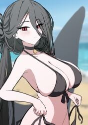 1girls big_breasts bikini bikini_top black_hair blue_archive breasts catfight catmito1412 choker competitive_intercourse competitive_sex female_focus female_only hasumi_(blue_archive) hasumi_(swimsuit)_(blue_archive) huge_breasts imminent_catfight large_breasts lesbian_competitive_intercourse long_hair looking_at_viewer red_eyes solo solo_female solo_focus swimsuit undressing yuri