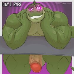 5_fingers anthro balls bigjaw_(kento267) body_hair brainwashed_superheroes_(game) chest_hair crocodile crocodilian fingers genitals green_body hi_res hypnosis hypnovember kento267 male male/male mind_control multicolored_body muscular penis reptile scalie smile solo spiral spiral_eyes two_tone_body