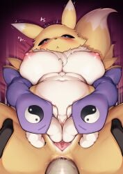 1boy absurdres anal arm_warmers black_sclera blue_eyes blush breasts censored colored_sclera digimon digimon_story:_time_stranger female furry furry_female furry_with_non-furry highres interspecies large_breasts looking_at_viewer max_(maxlikeapicture) missionary mosaic_censoring nipples parted_lips pov pussy renamon sex spread_pussy spreading_own_pussy straight yellow_fur