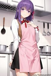 1boy ai_generated apron bangs black_skirt blush closed_mouth eyebrows_visible_through_hair fate/stay_night fate_(series) femboy genderswap_(ftm) hair_ribbon homurahara_academy_school_uniform indoors kitchen long_hair long_sleeves looking_at_viewer male matou_sakura pink_apron purple_eyes purple_hair red_ribbon ribbon rule_63 school_uniform shirt skirt smile solo standing tagme tehmar trans_woman transfem trap vest white_shirt