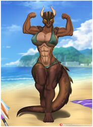 abs anthro argonian barefoot beach biceps bikini breasts brown_skin busty cleavage flexing furry horns large_breasts lizard looking_at_viewer muscles muscular muscular_female scalie tail the_elder_scrolls thong thunder-renamon yellow_eyes